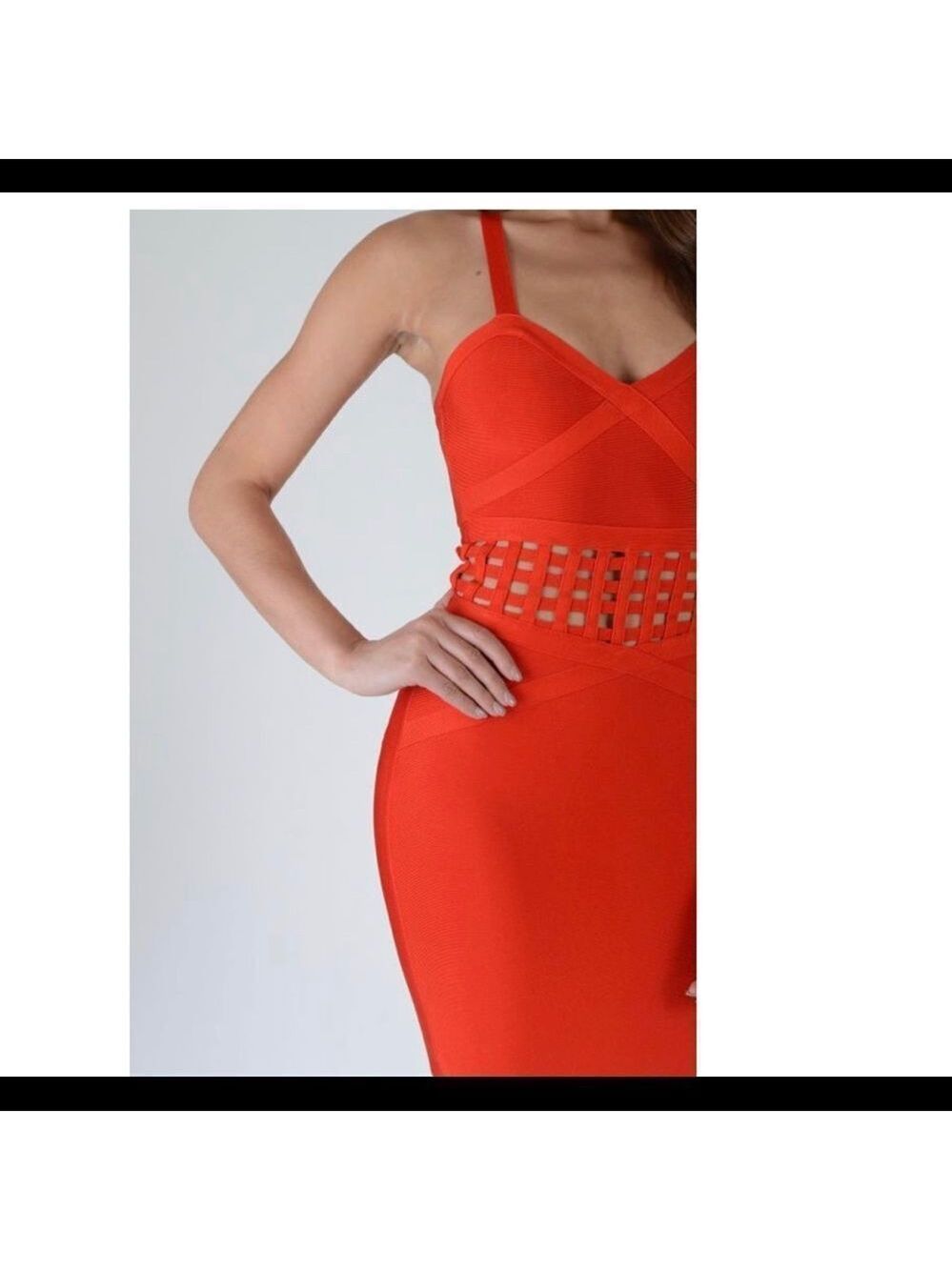 BEBE Red Bandage Bodycon Dress With Caged Waist Detail Sz M - Picture 2 of 12